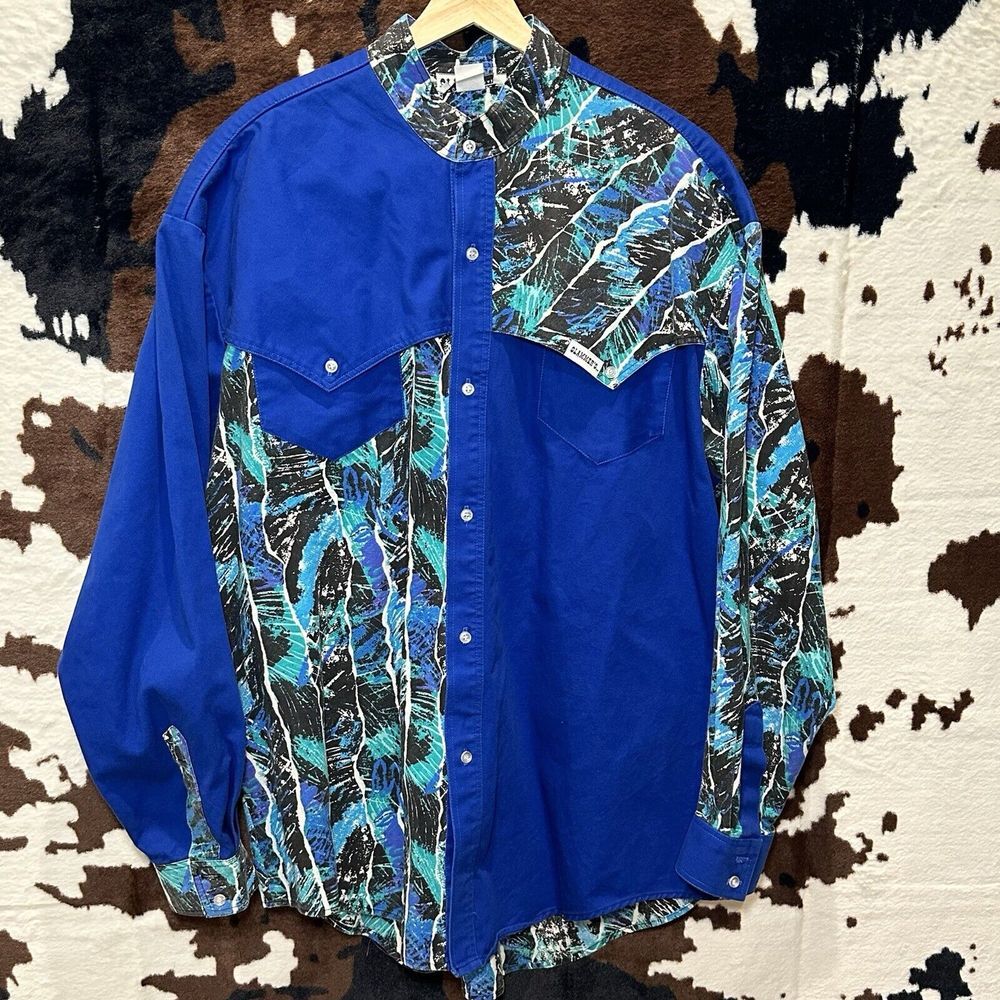 Rare Vintage Slammer  Blue Abstract Cowboy Western Long Sleeve Shirt Sz‎ XXL USA